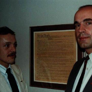 Summer 1990. Jerzy Kobylinski (President of the Solidarity Fund) and Wojciech Babinski standing next to the the US Constitution.